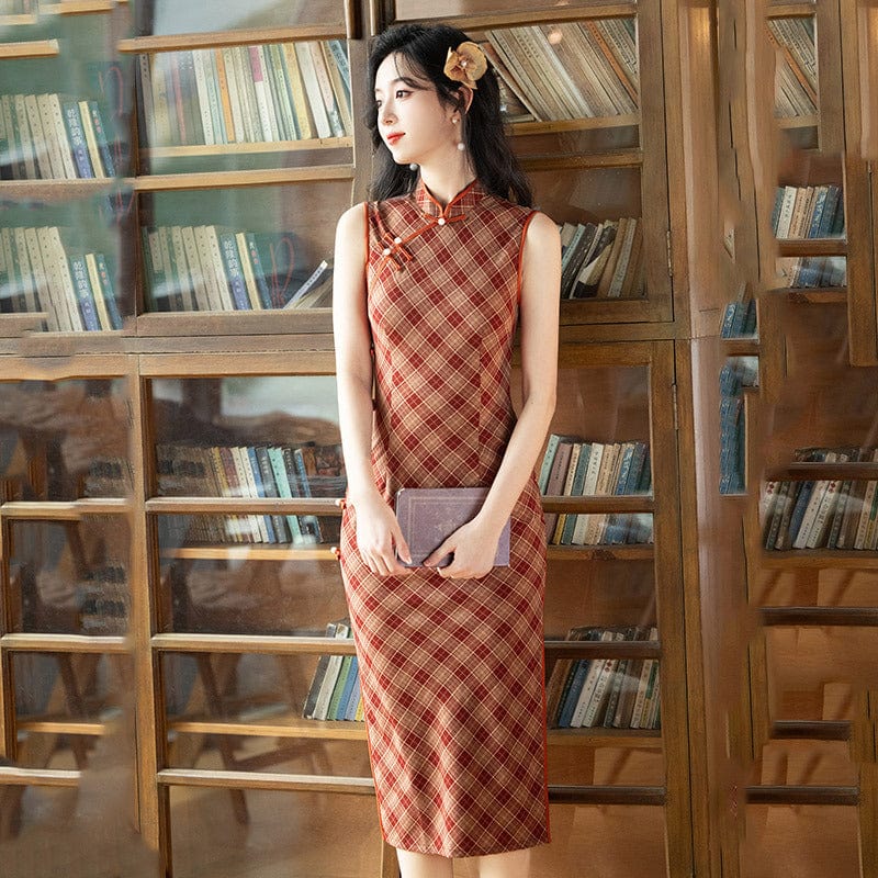 Beth and Brian Qipao-ZQYS Sleeveless, plaid pattern, daily midi Cheongsam