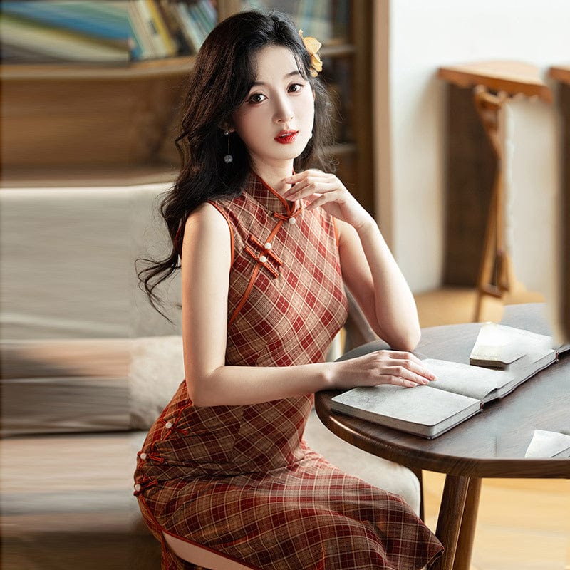 Beth and Brian Qipao-ZQYS Sleeveless, plaid pattern, daily midi Cheongsam
