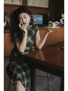 Beth and Brian Qipao-LSB Chinese retro style, plaid pattern, cotton midi Cheongsam