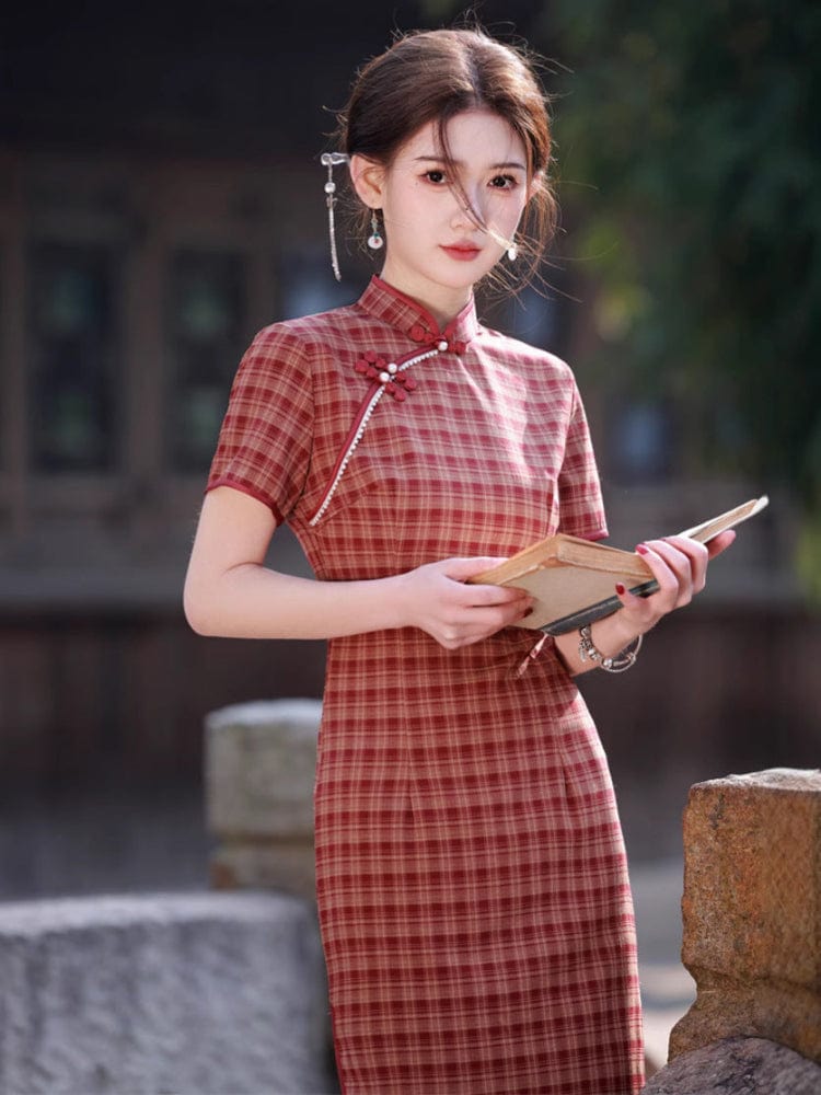 Beth and Brian Qipao - JN Plaid pattern, daily midi Cheongsam