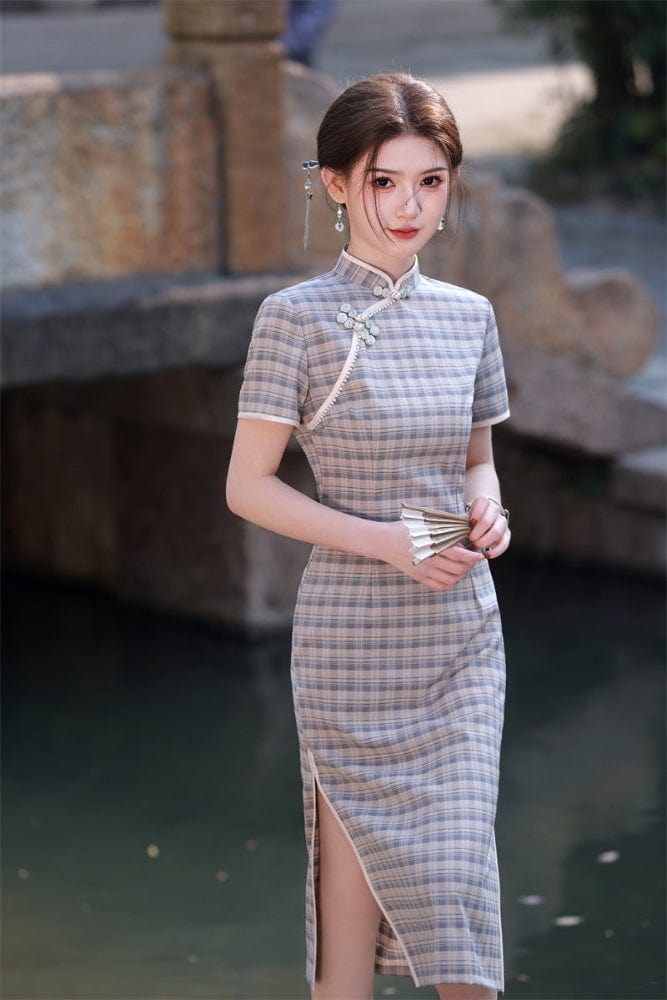 Beth and Brian Qipao - JN Plaid pattern, daily midi Cheongsam
