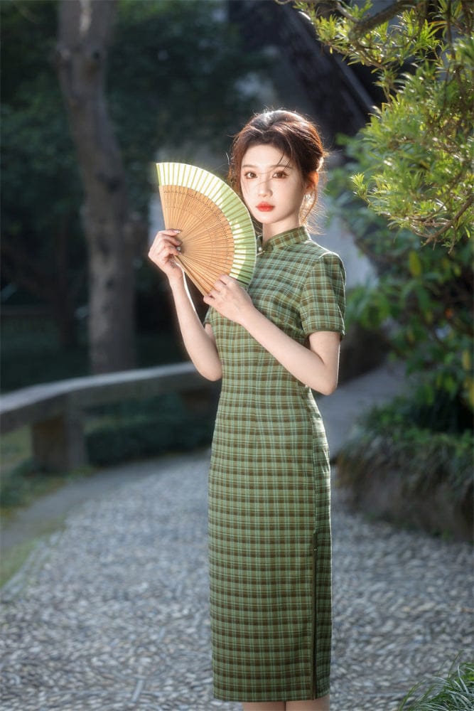 Beth and Brian Qipao - JN Plaid pattern, daily midi Cheongsam