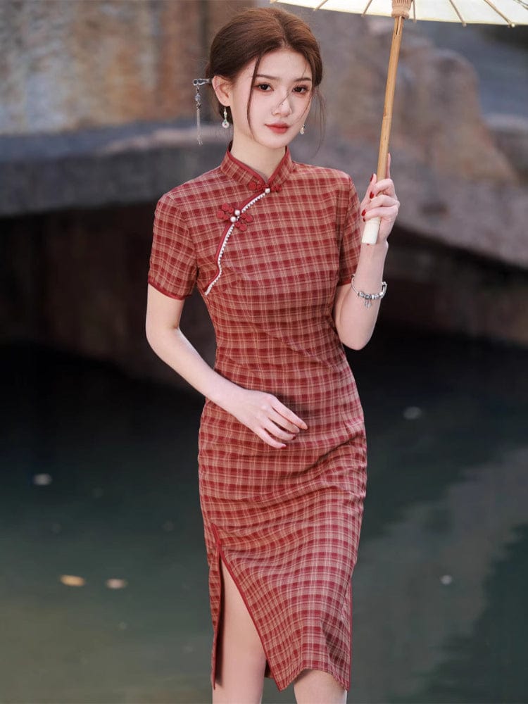 Beth and Brian Qipao - JN Plaid pattern, daily midi Cheongsam