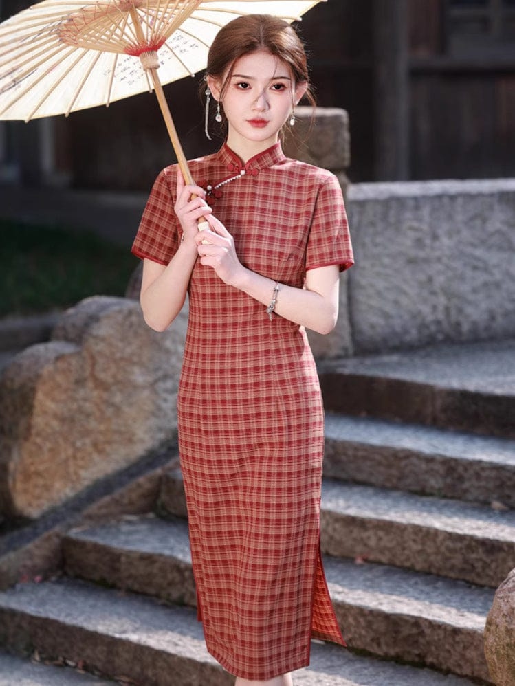 Beth and Brian Qipao - JN Plaid pattern, daily midi Cheongsam