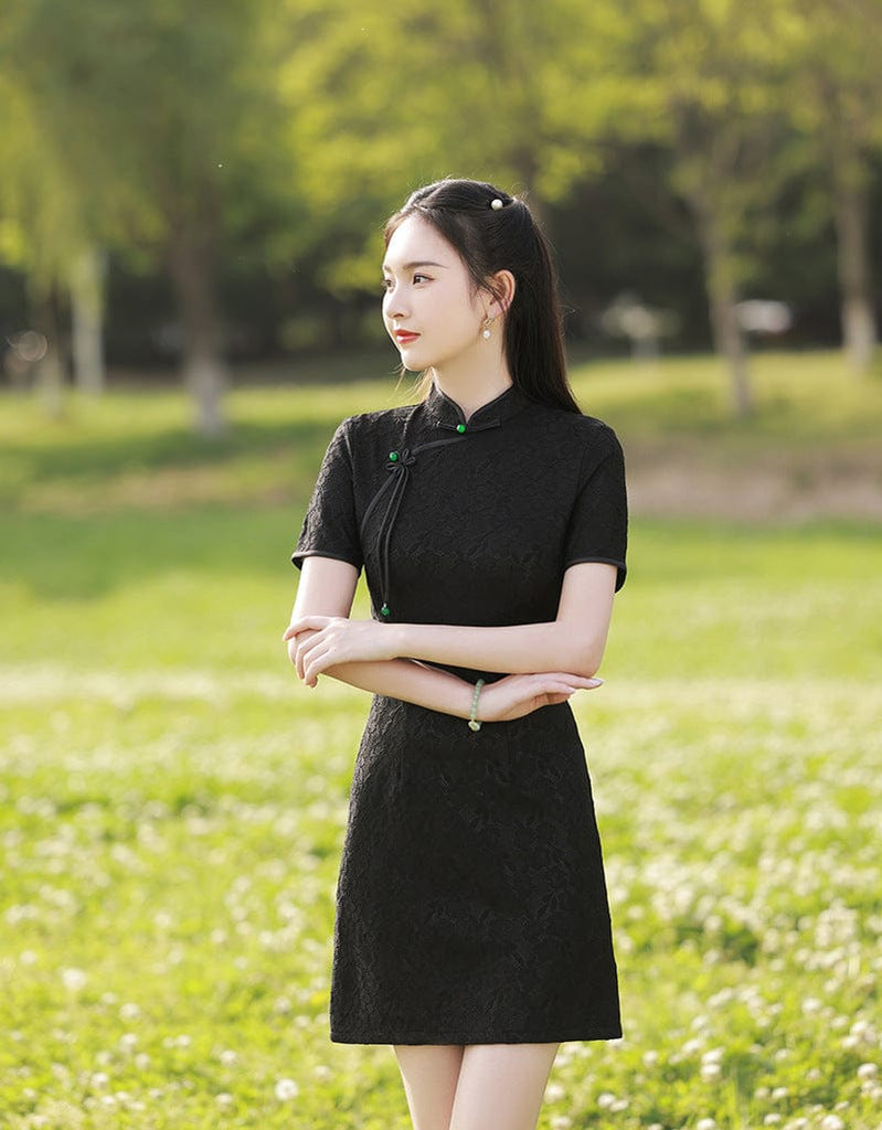 Beth and Brian Qipao-FRY Floral pattern, lace white&black short Cheongsam