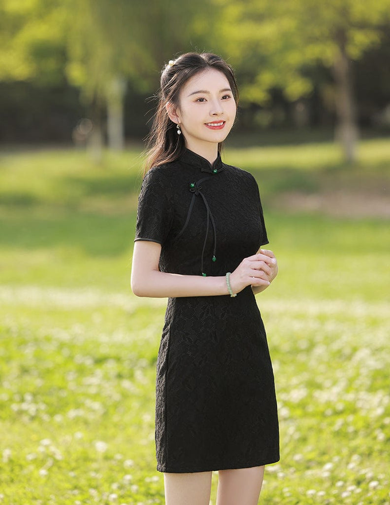 Beth and Brian Qipao-FRY Floral pattern, lace white&black short Cheongsam