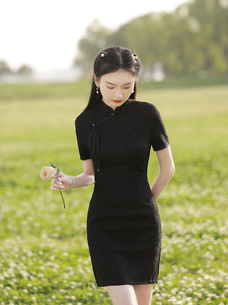 Beth and Brian Qipao-FRY Floral pattern, lace white&black short Cheongsam