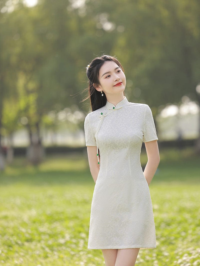 Beth and Brian Qipao-FRY Floral pattern, lace white&black short Cheongsam