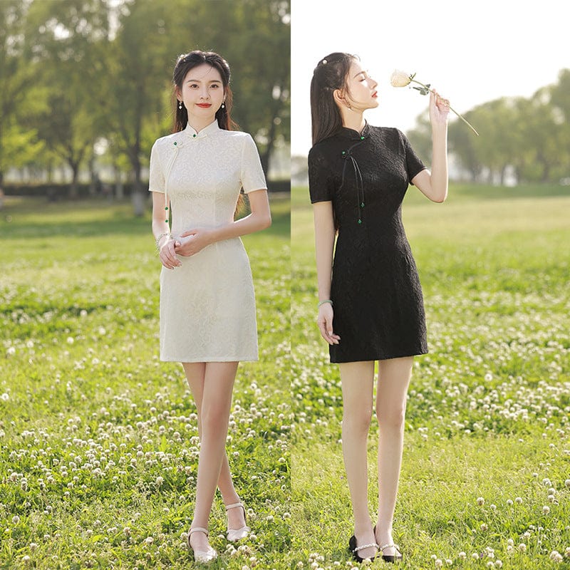 Beth and Brian Qipao-FRY Floral pattern, lace white&black short Cheongsam