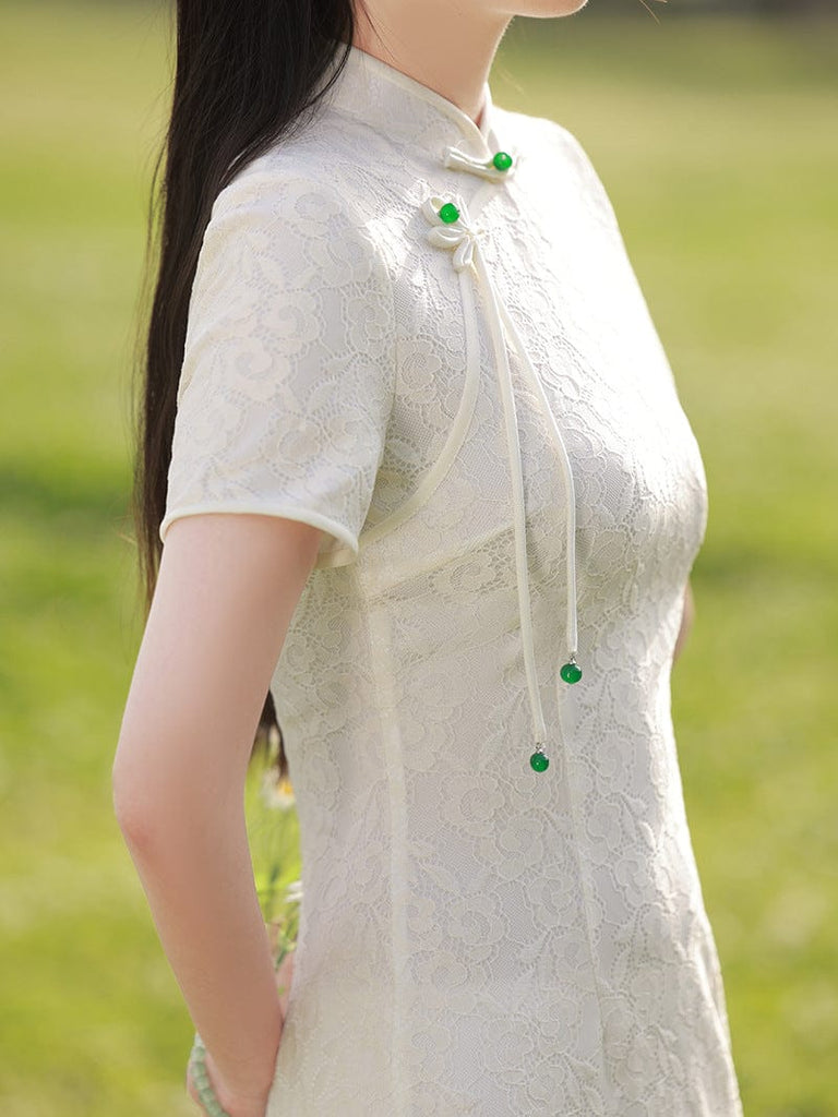 Beth and Brian Qipao-FRY Floral pattern, lace white&black short Cheongsam