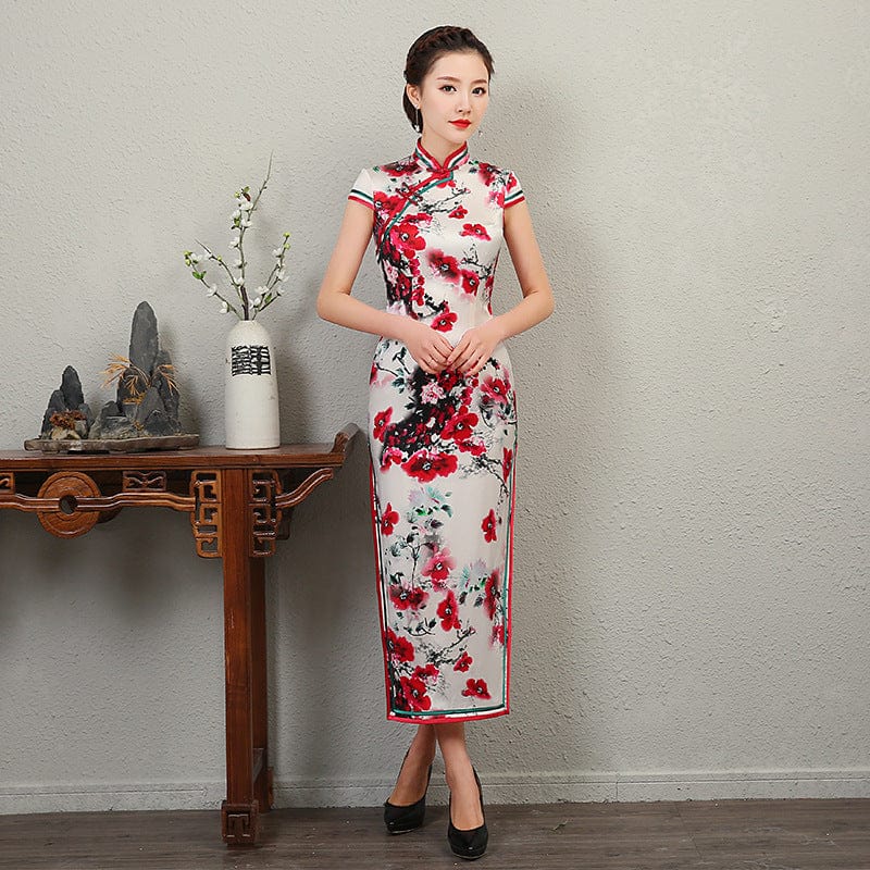 Beth and Brian Qipao - QXY 19 mome mulberry silk, floral pattern, High-end long Cheongsam
