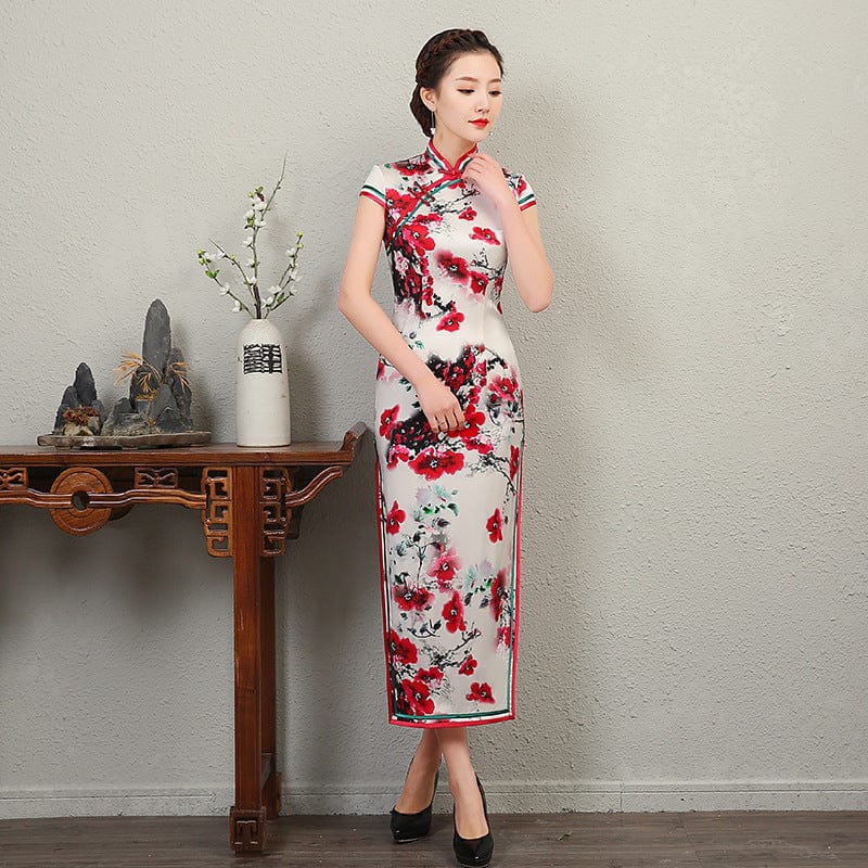 Beth and Brian Qipao - QXY 19 mome mulberry silk, floral pattern, High-end long Cheongsam