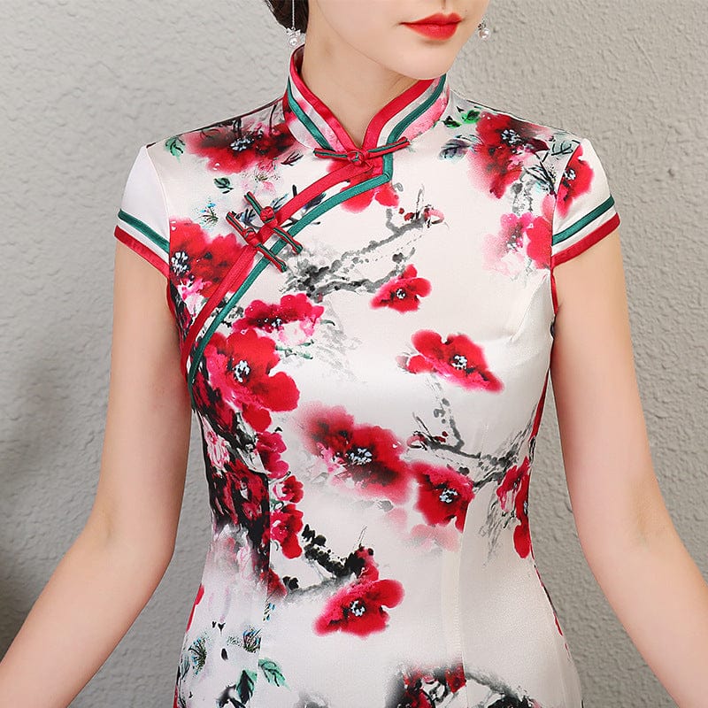 Beth and Brian Qipao - QXY 19 mome mulberry silk, floral pattern, High-end long Cheongsam