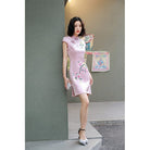 Beth and Brian Qipao-MLS Floral pattern, pink short Cheongsam with cap sleeves