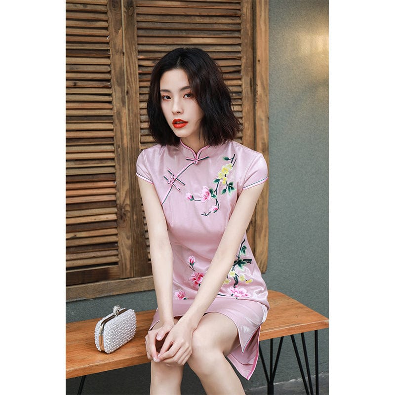 Beth and Brian Qipao-MLS Floral pattern, pink short Cheongsam with cap sleeves