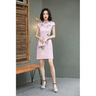 Beth and Brian Qipao-MLS Floral pattern, pink short Cheongsam with cap sleeves