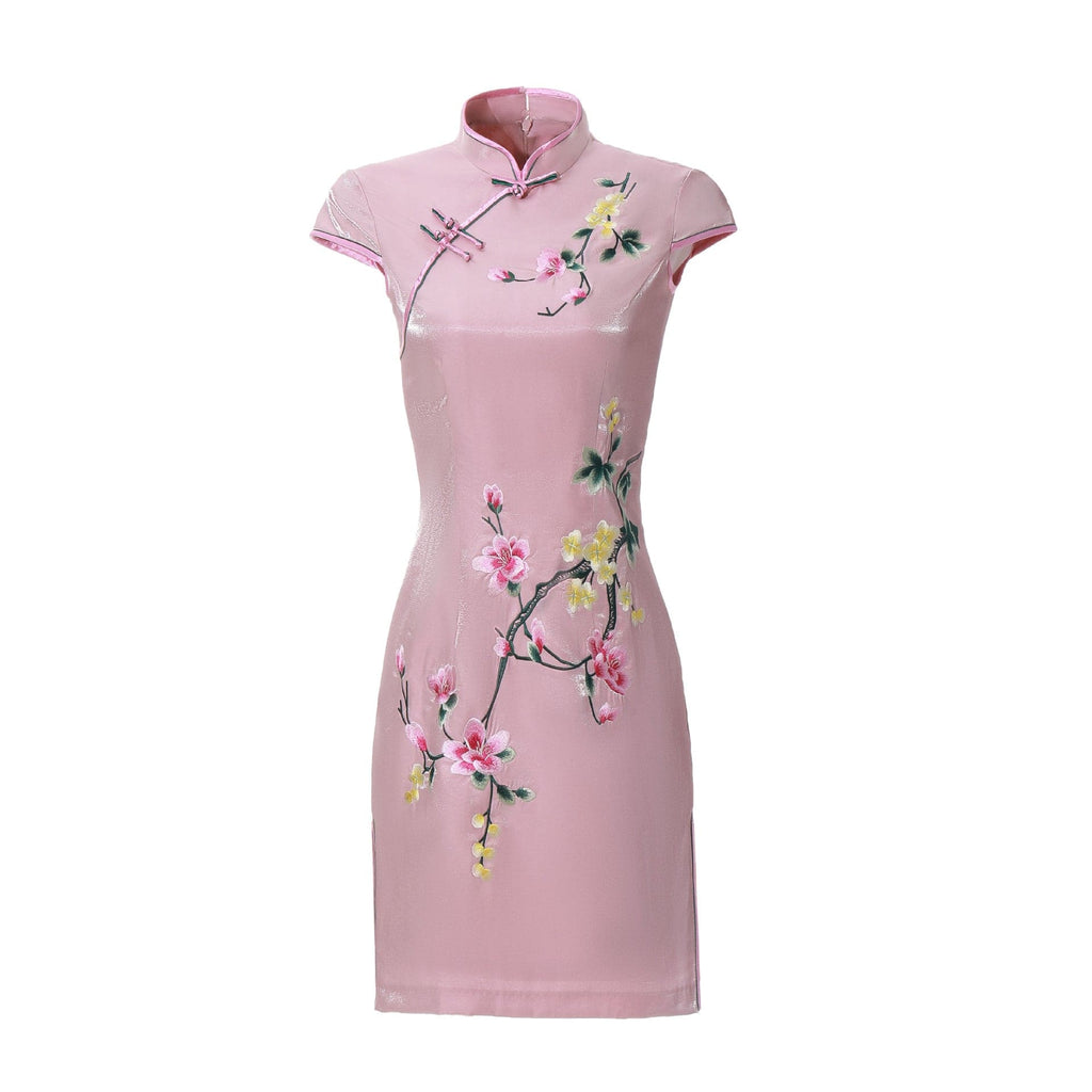 Beth and Brian Qipao-MLS Floral pattern, pink short Cheongsam with cap sleeves