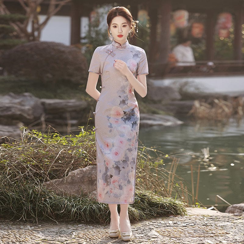 Beth and Brian Qipao-MLS Floral print, Jacquard silk long Cheongsam with short sleeves