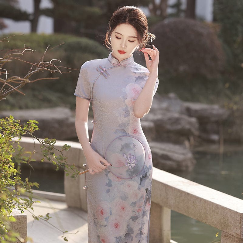 Beth and Brian Qipao-MLS Floral print, Jacquard silk long Cheongsam with short sleeves