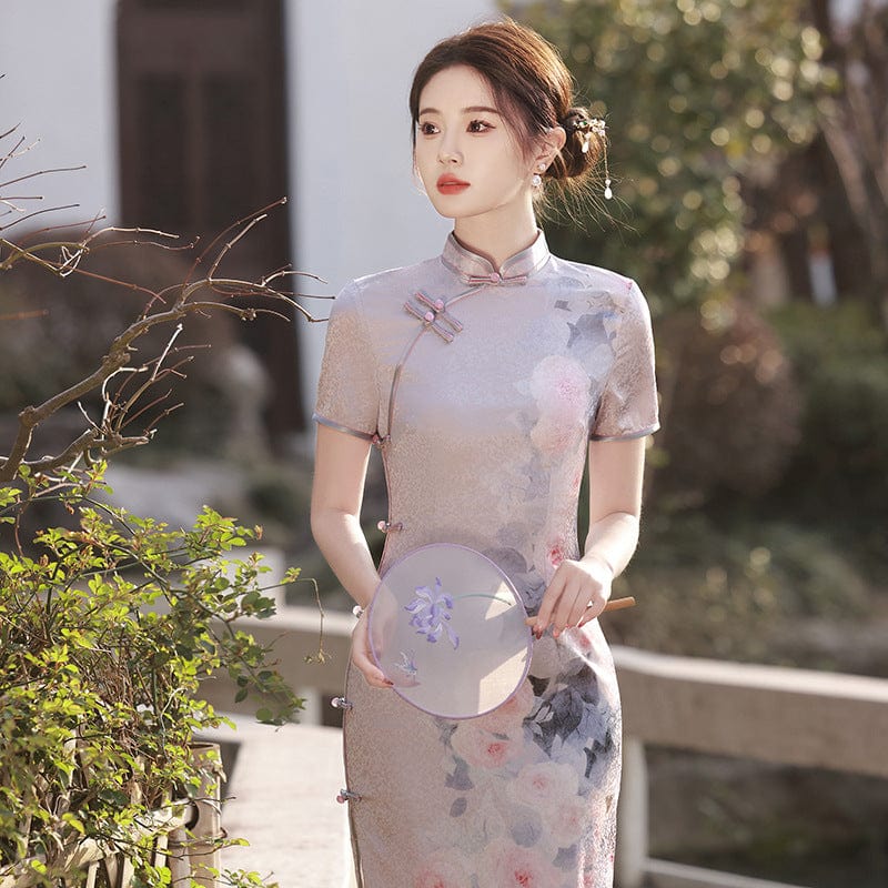 Beth and Brian Qipao-MLS Floral print, Jacquard silk long Cheongsam with short sleeves