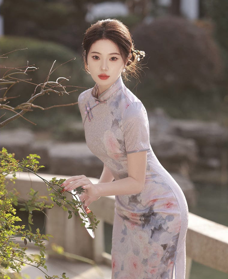 Beth and Brian Qipao-MLS Floral print, Jacquard silk long Cheongsam with short sleeves