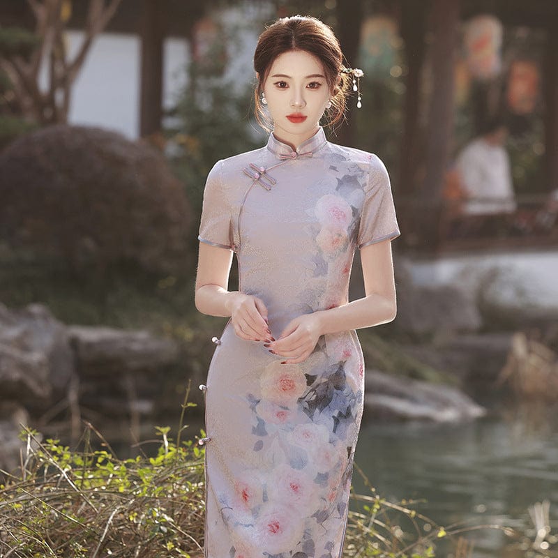 Beth and Brian Qipao-MLS Floral print, Jacquard silk long Cheongsam with short sleeves