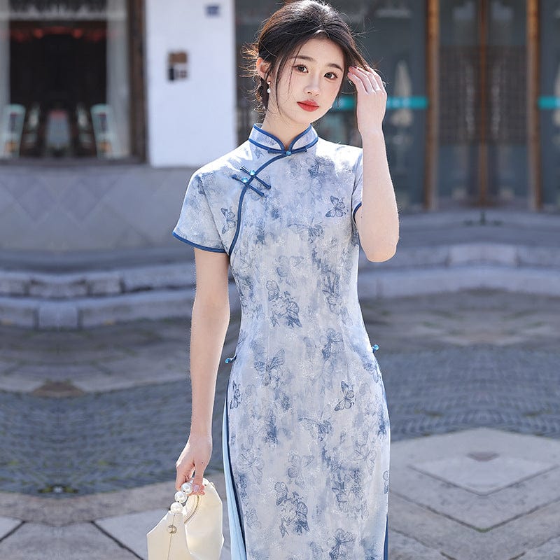 Beth and Brian Qipao-WQ Butterfly print, blue long Cheongsam with short sleeves