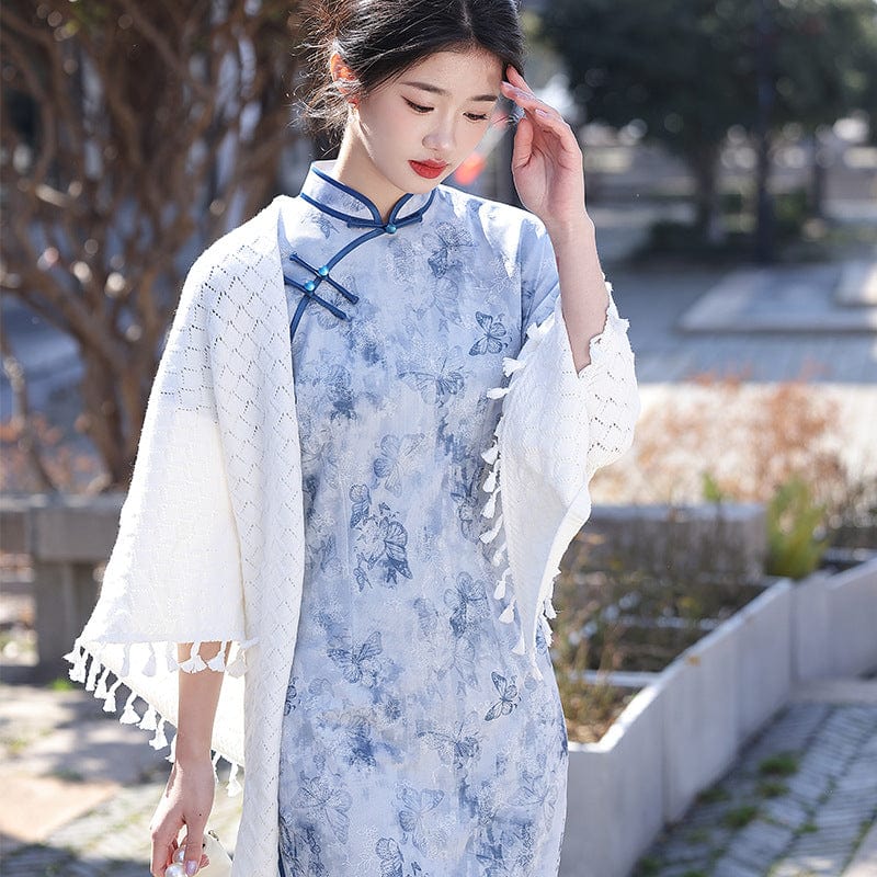 Beth and Brian Qipao-WQ Butterfly print, blue long Cheongsam with short sleeves