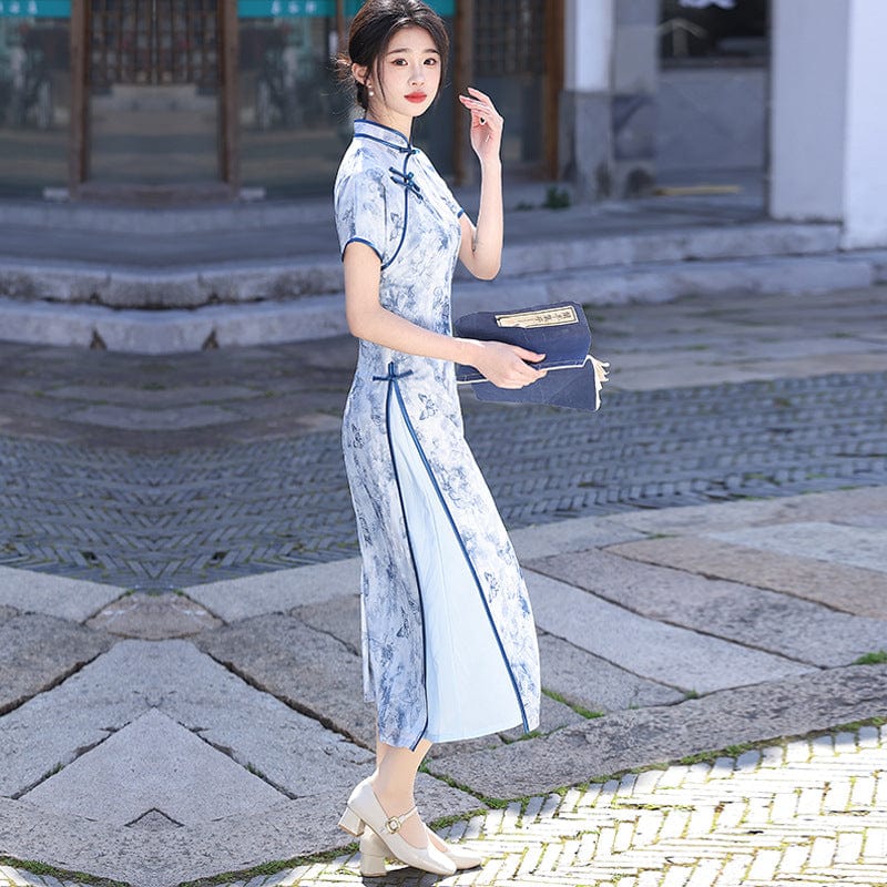 Beth and Brian Qipao-WQ Butterfly print, blue long Cheongsam with short sleeves