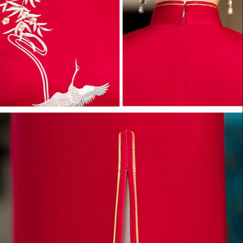 Beth and Brian Qipao-GSJ Crane embroidery, red long Cheongsam