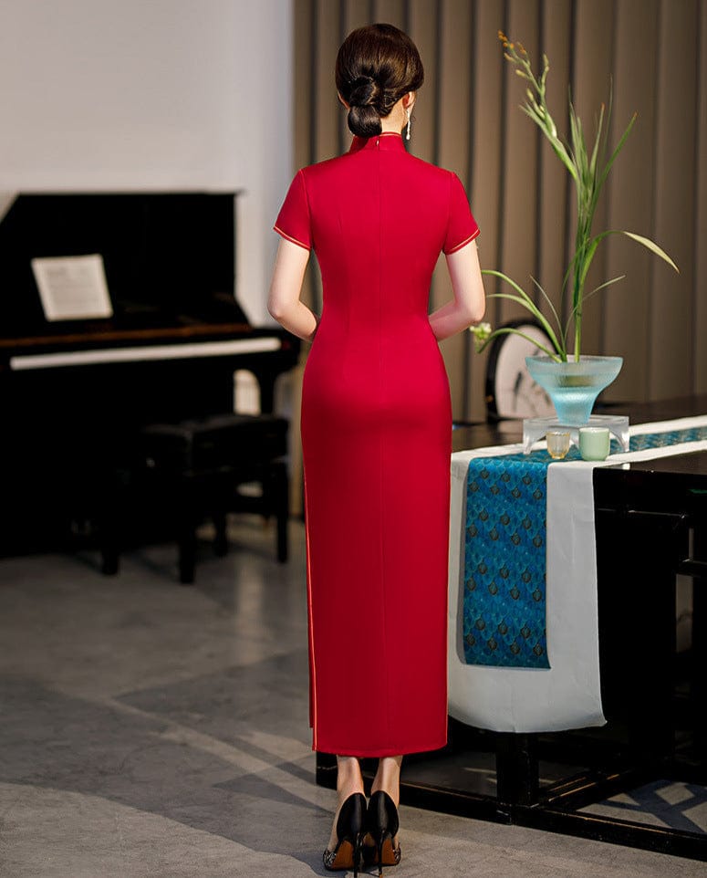 Beth and Brian Qipao-GSJ Crane embroidery, red long Cheongsam