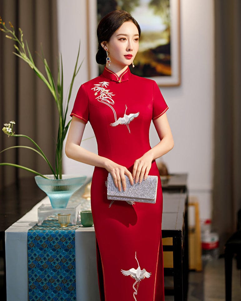 Beth and Brian Qipao-GSJ Crane embroidery, red long Cheongsam