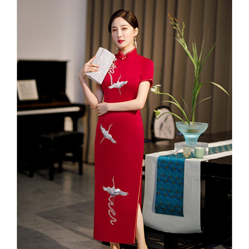 Beth and Brian Qipao-GSJ Crane embroidery, red long Cheongsam