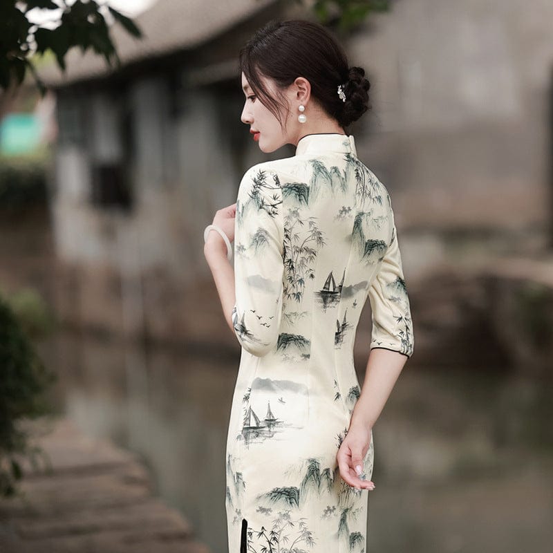 Beth and Brian Qipao-MYJ Chinese water painting pattern, beige midi Cheongsam