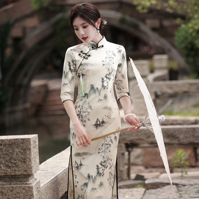Beth and Brian Qipao-MYJ Chinese water painting pattern, beige midi Cheongsam