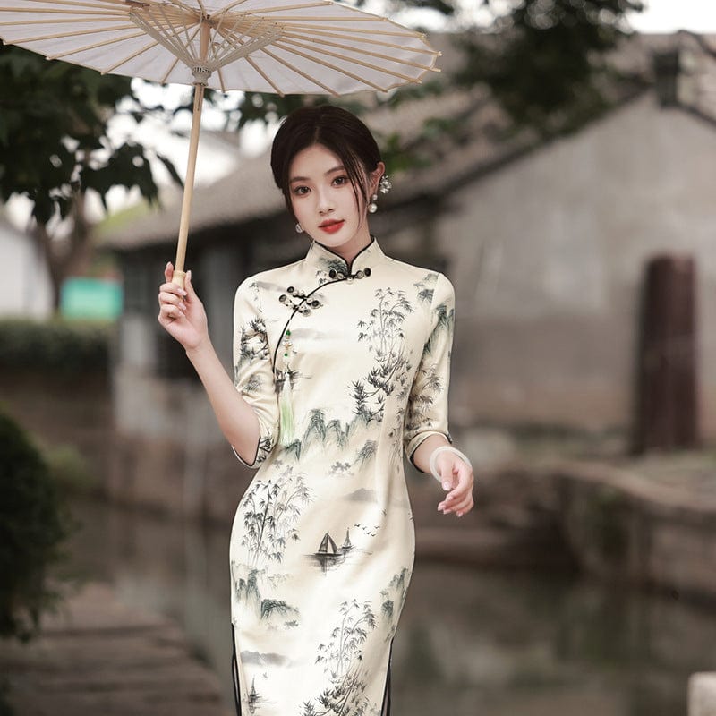 Beth and Brian Qipao-MYJ Chinese water painting pattern, beige midi Cheongsam