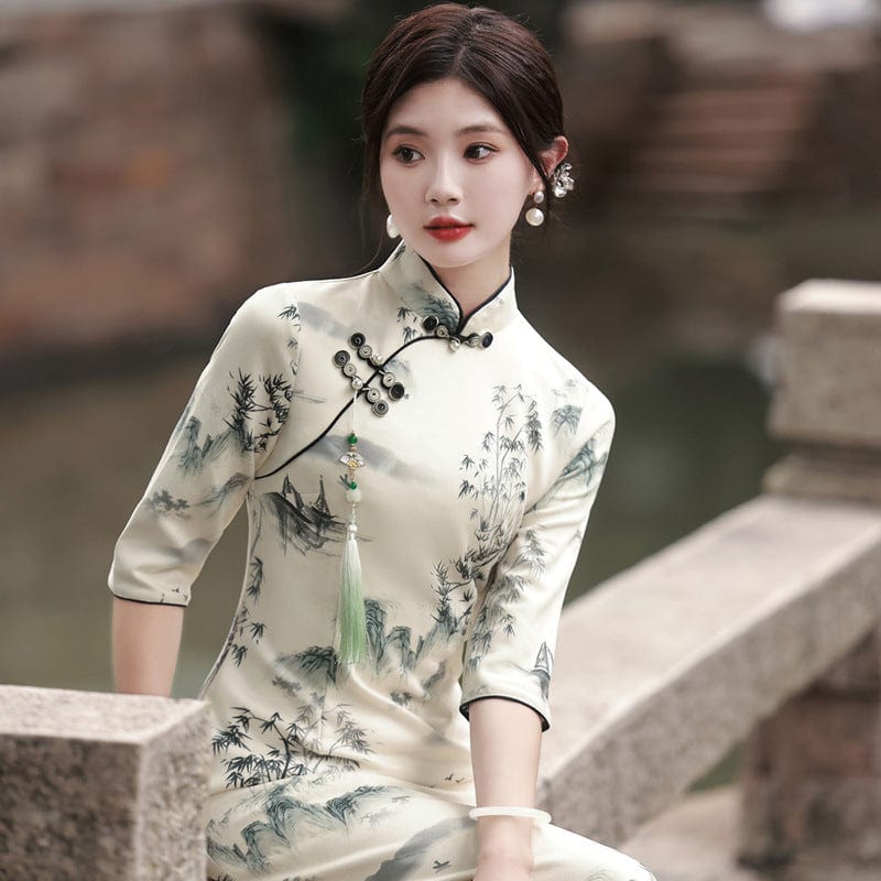 Beth and Brian Qipao-MYJ Chinese water painting pattern, beige midi Cheongsam