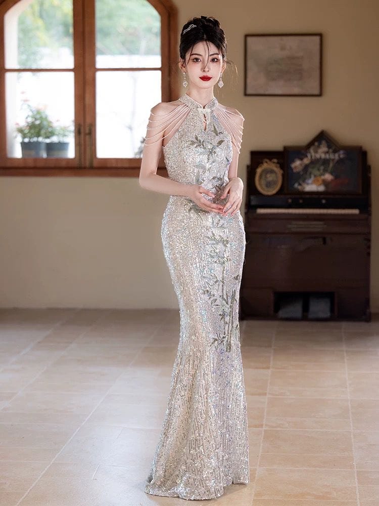 Beth and Brian Qipao-MXY Sequins fabric, wedding champagne long Cheongsam