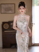 Beth and Brian Qipao-MXY Sequins fabric, wedding champagne long Cheongsam