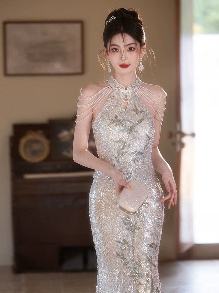 Beth and Brian Qipao-MXY Sequins fabric, wedding champagne long Cheongsam