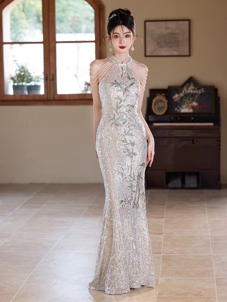 Beth and Brian Qipao-MXY Sequins fabric, wedding champagne long Cheongsam