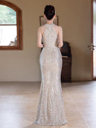 Beth and Brian Qipao-MXY Sequins fabric, wedding champagne long Cheongsam