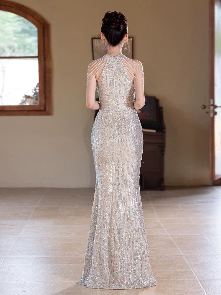 Beth and Brian Qipao-MXY Sequins fabric, wedding champagne long Cheongsam