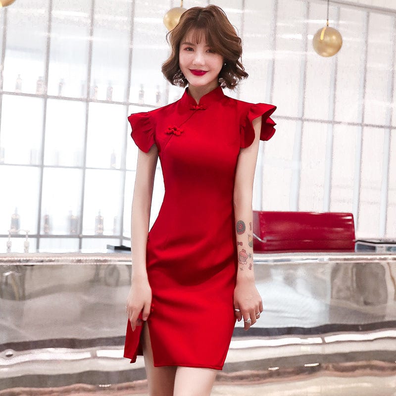 Beth and Brian Qipao-SDX Plain pattern, satin fabric, red&black short Cheongsam