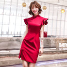 Beth and Brian Qipao-SDX Plain pattern, satin fabric, red&black short Cheongsam