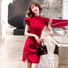 Beth and Brian Qipao-SDX Plain pattern, satin fabric, red&black short Cheongsam