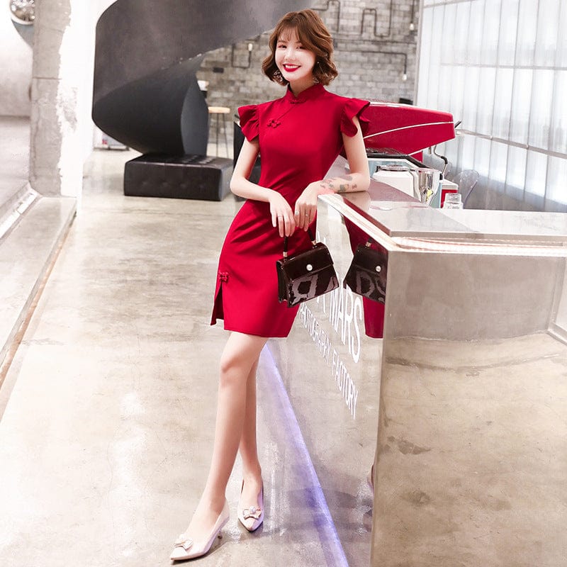 Beth and Brian Qipao-SDX Plain pattern, satin fabric, red&black short Cheongsam