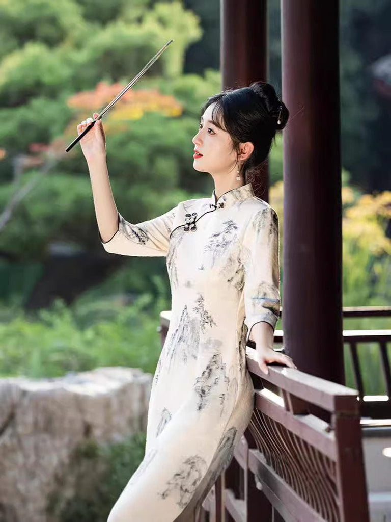 Beth and Brian Qipao-MLS Chinese water painting pattern, Jacquard silk midi Cheongsam