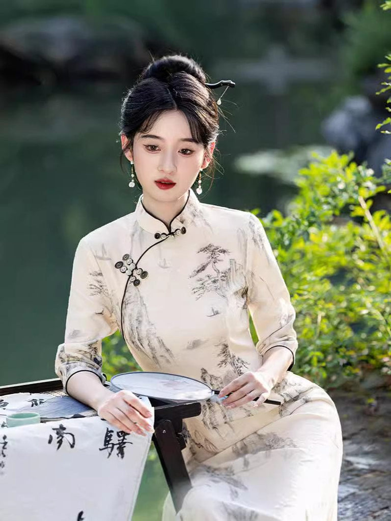 Beth and Brian Qipao-MLS Chinese water painting pattern, Jacquard silk midi Cheongsam