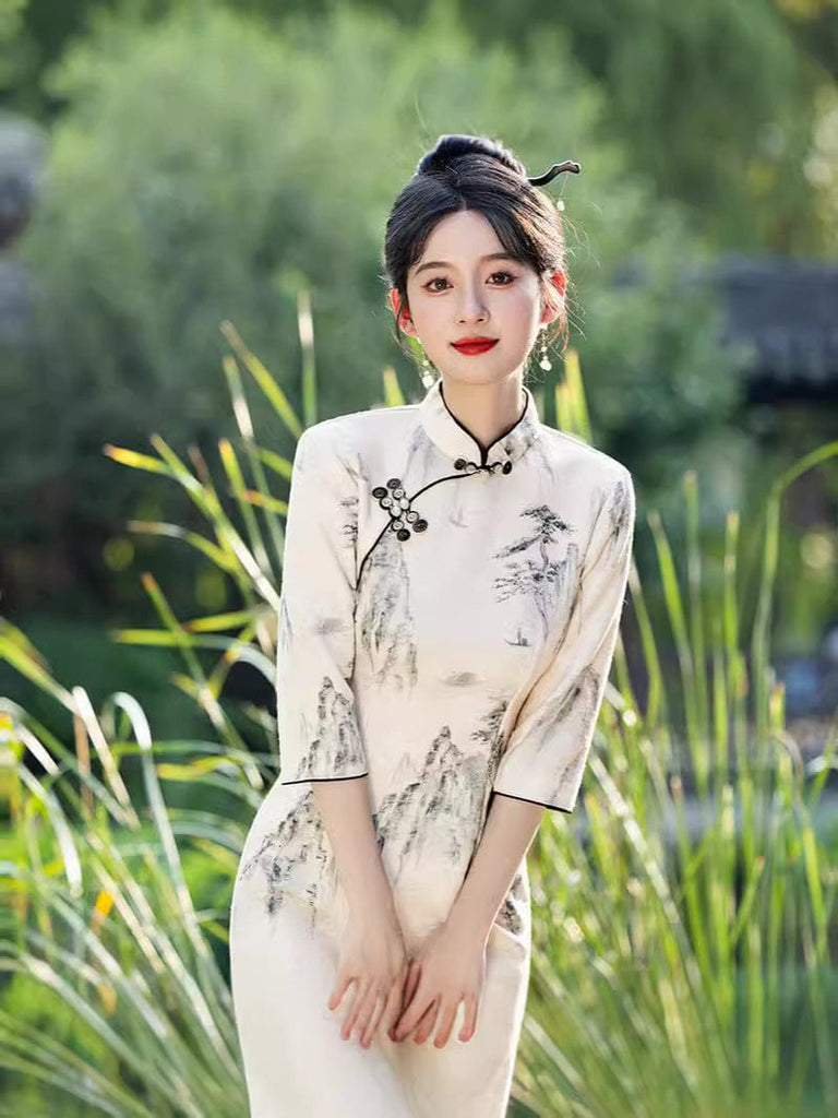 Beth and Brian Qipao-MLS Chinese water painting pattern, Jacquard silk midi Cheongsam